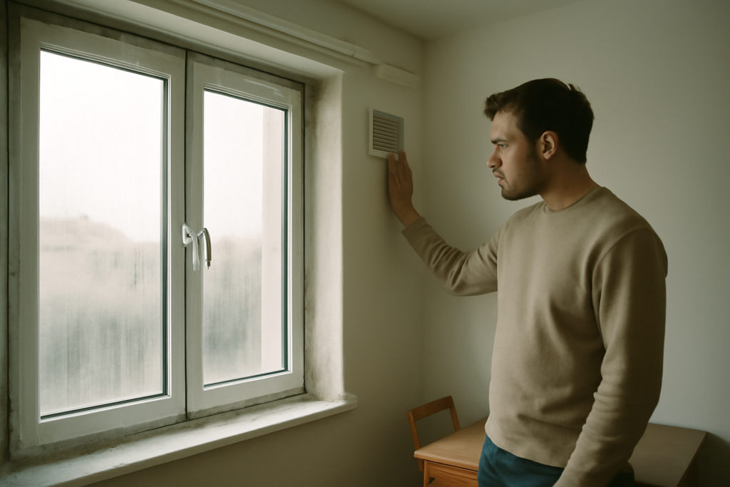 Aérateur de fenêtre design en aluminium installé sur cadre — ventilation continue, filtration anti-poussière et économie d'énergie