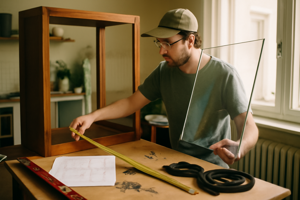Meuble cloison vitrée sur mesure en bois et verre — séparateur d'espace design avec étagères de rangement pour salon ou bureau