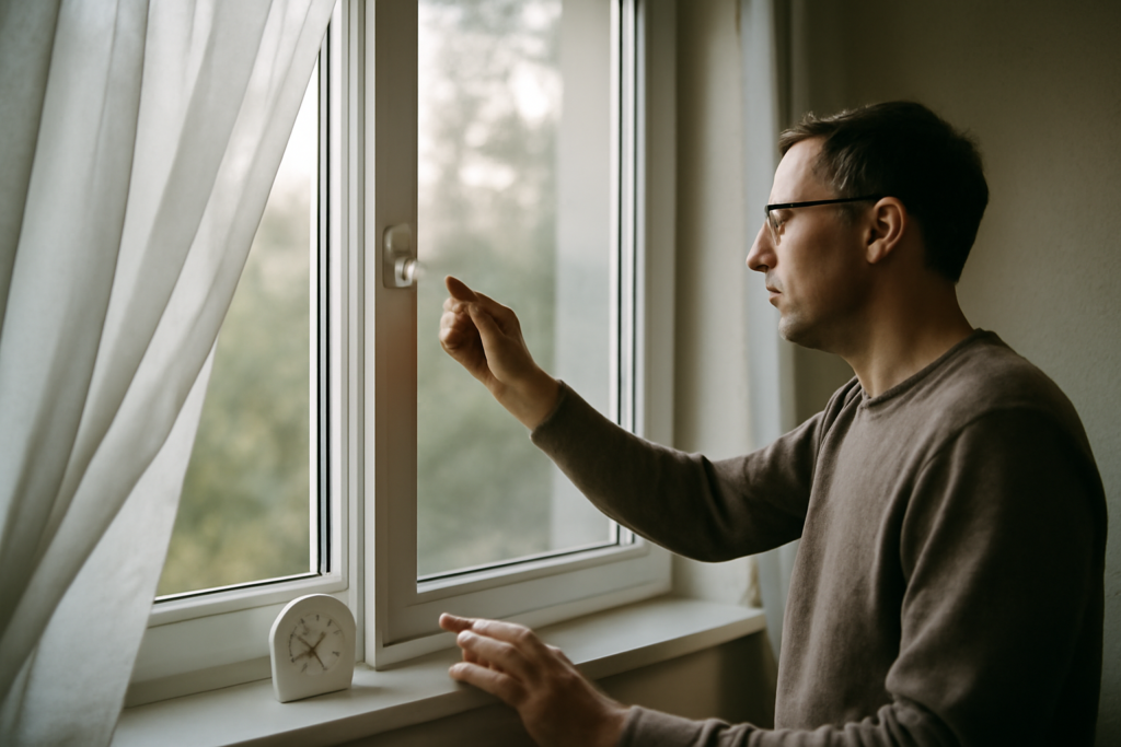 Fenêtre légèrement entrebâillée pour aérer la pièce — ventilation naturelle, sécurité et économie d'énergie