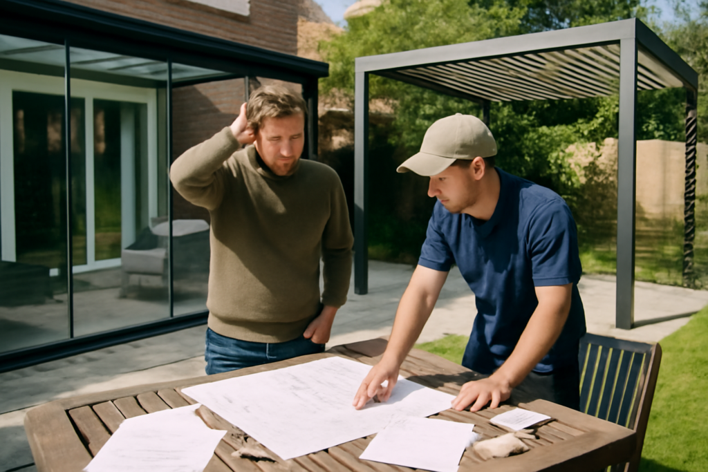 Véranda moderne en aluminium avec toiture vitrée et pergola bioclimatique attenante, espace de vie lumineux et ouvert